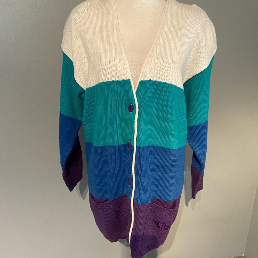 Dockers Blue and White Cardigan Sweater with Color-Block Design